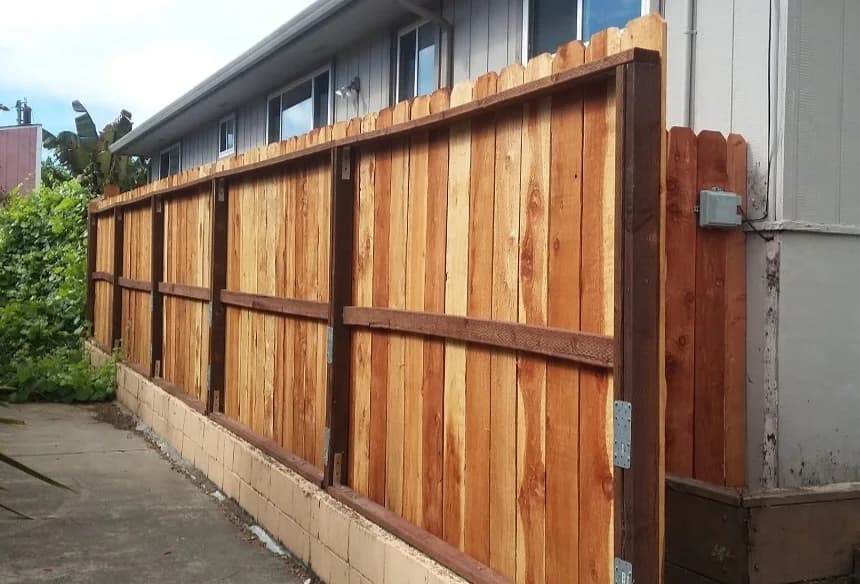Rear framing view of a newly built cedar fence