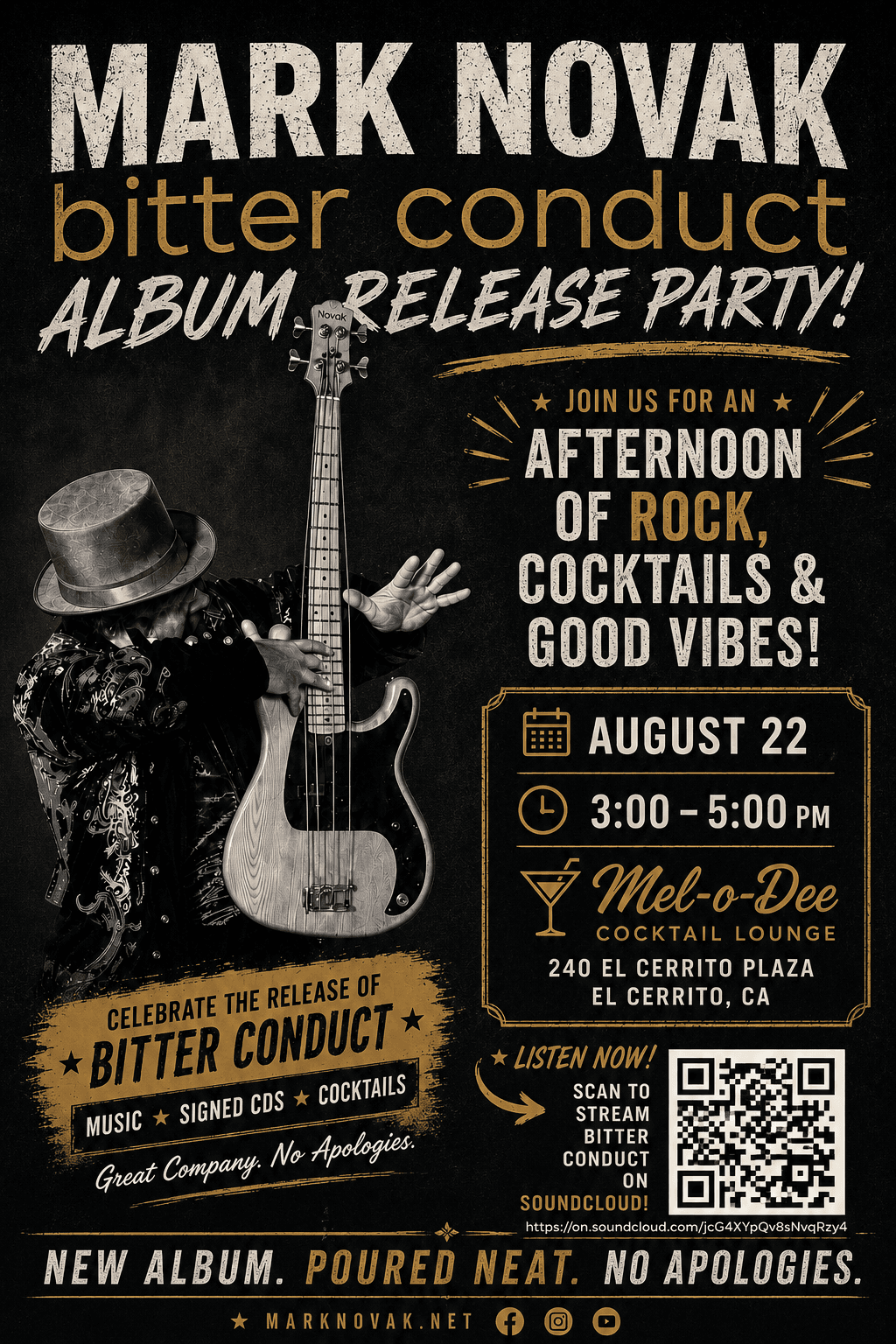 Flyer for Mark Novak’s Bitter Conduct album release party on August 22 from 3:00 to 5:00 PM at Mel-o-Dee Cocktail Lounge in El Cerrito
